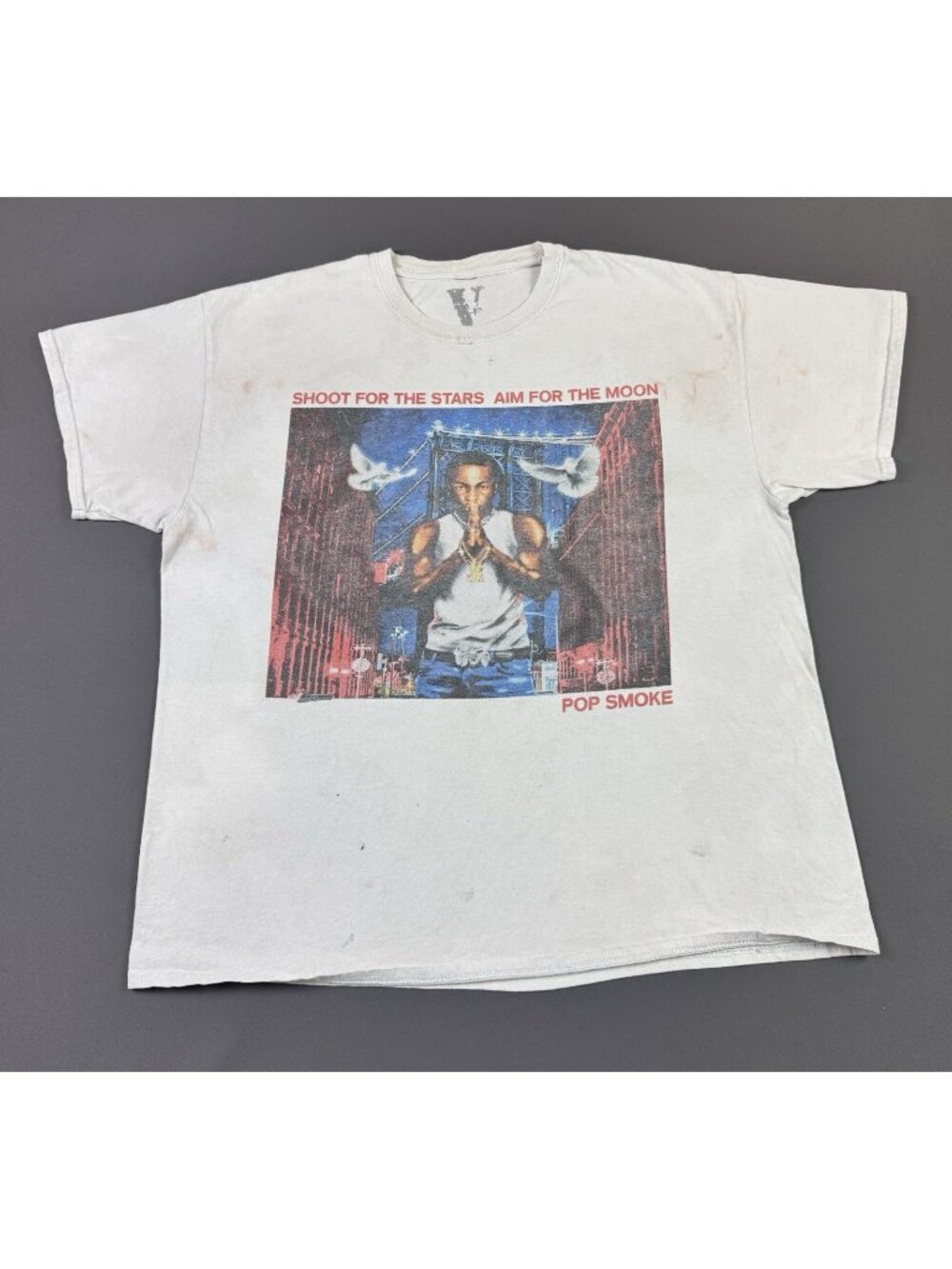 Vlone Pop Smoke Shoot For The Stars Aim For The Moon Hip Hop Rap Tee Rare Fade T